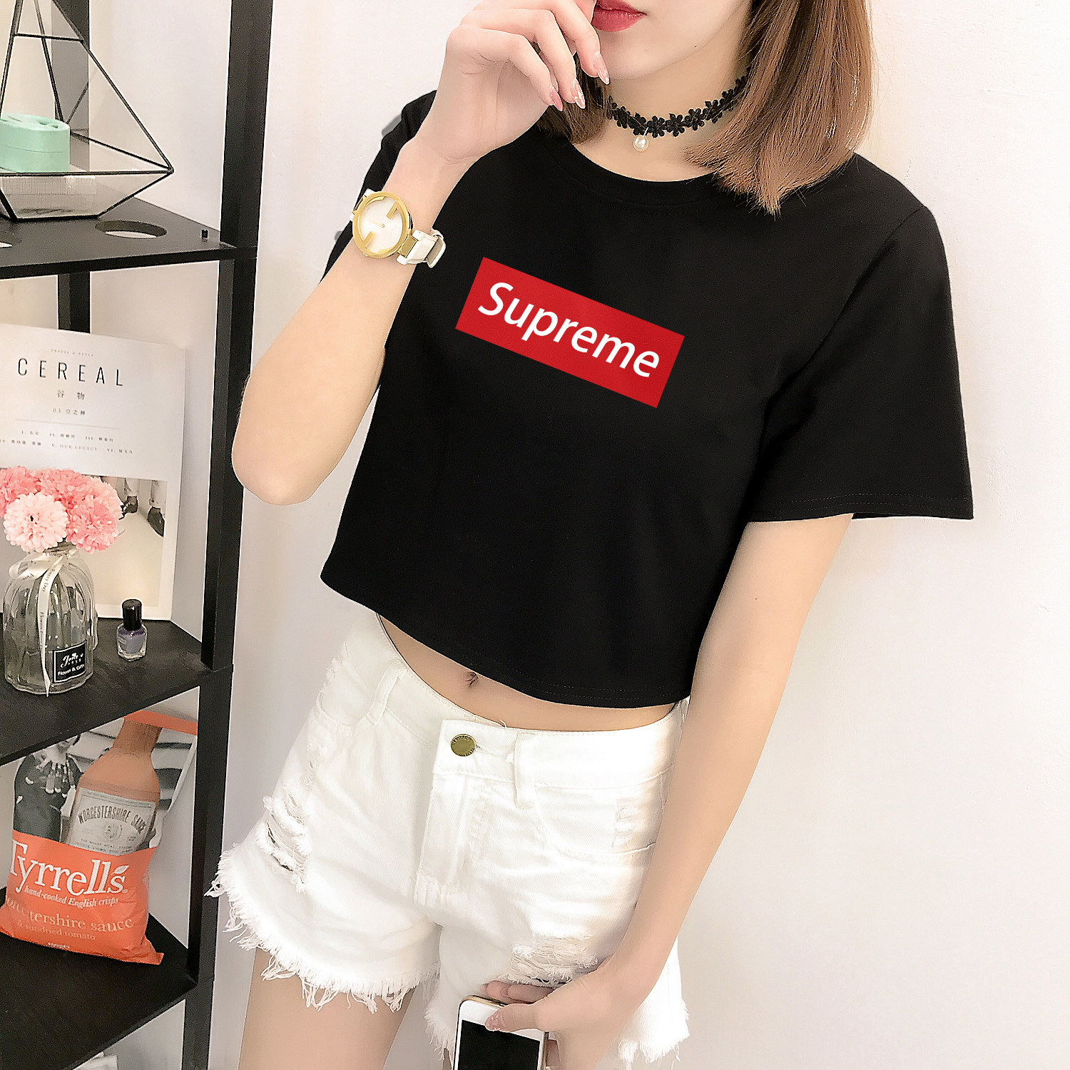 露脐短袖女夏字母印花香芋短款恤漏肚脐短装t恤