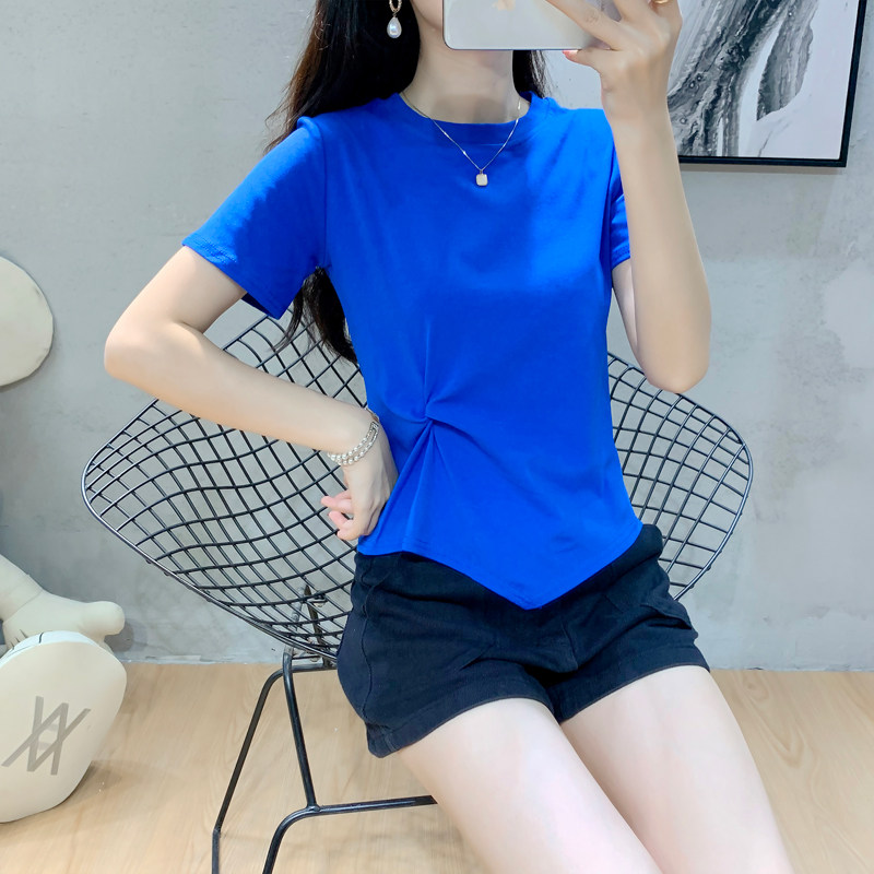 克莱因蓝短袖t恤女新款小众设计感不规则下摆褶皱短款半袖上衣潮