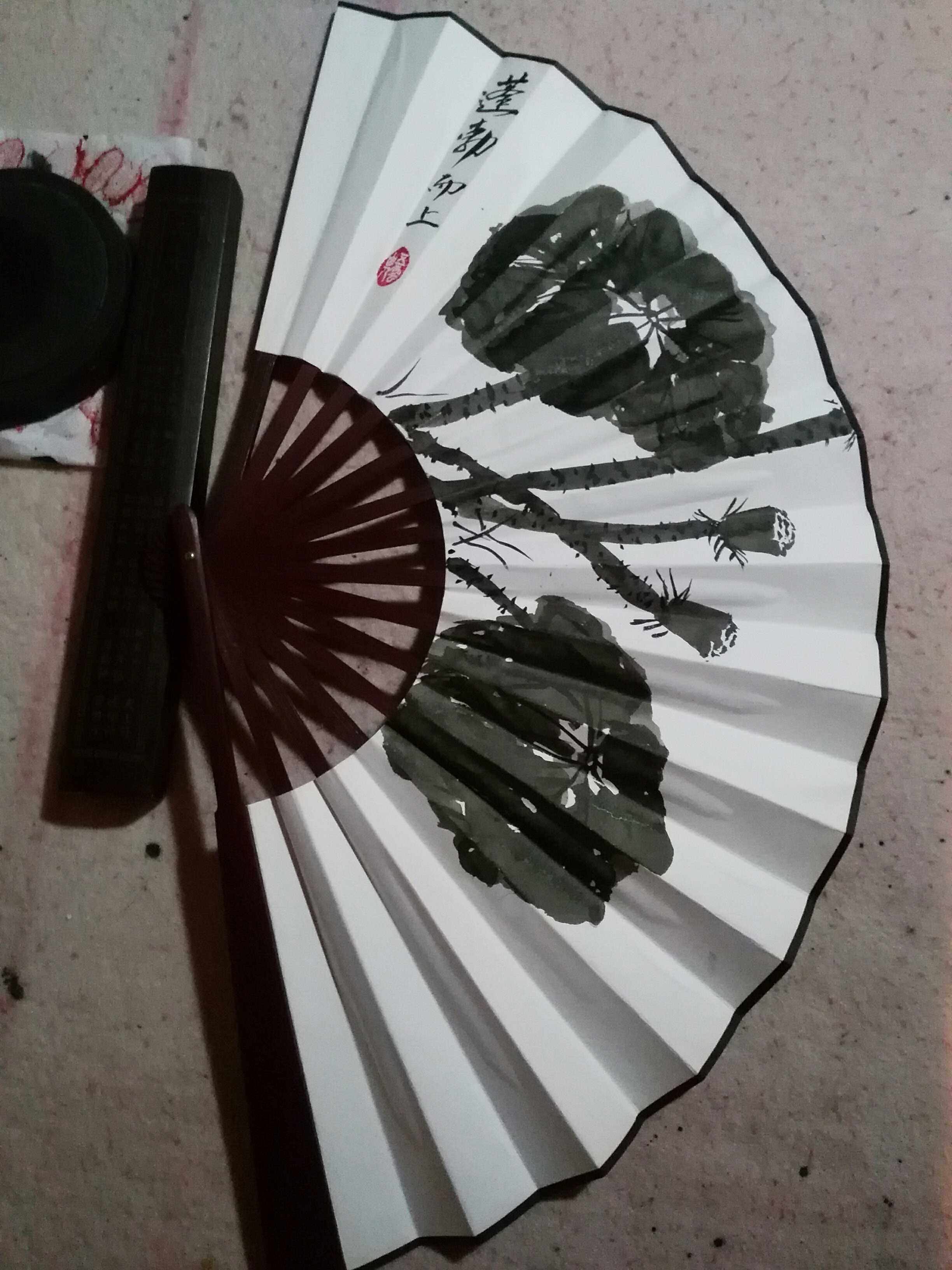 手绘国画荷花莲叶莲蓬折扇文玩空白宣纸纸扇扇子