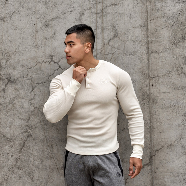 LIANG PIN Jacky Liang Pintritium Men's Two-tone Waffle Groove Henley Collar Long Sleeve Top 01923 LIANG PIN Jacky Liang Pintritium Men's Two-tone Waffle Groove Henley Collar Long Sleeve Top 01923
