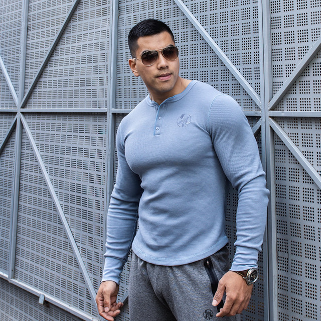 LIANG PIN Jacky Liang Pintritium Men's Two-tone Waffle Groove Henley Collar Long Sleeve Top 01923 LIANG PIN Jacky Liang Pintritium Men's Two-tone Waffle Groove Henley Collar Long Sleeve Top 01923