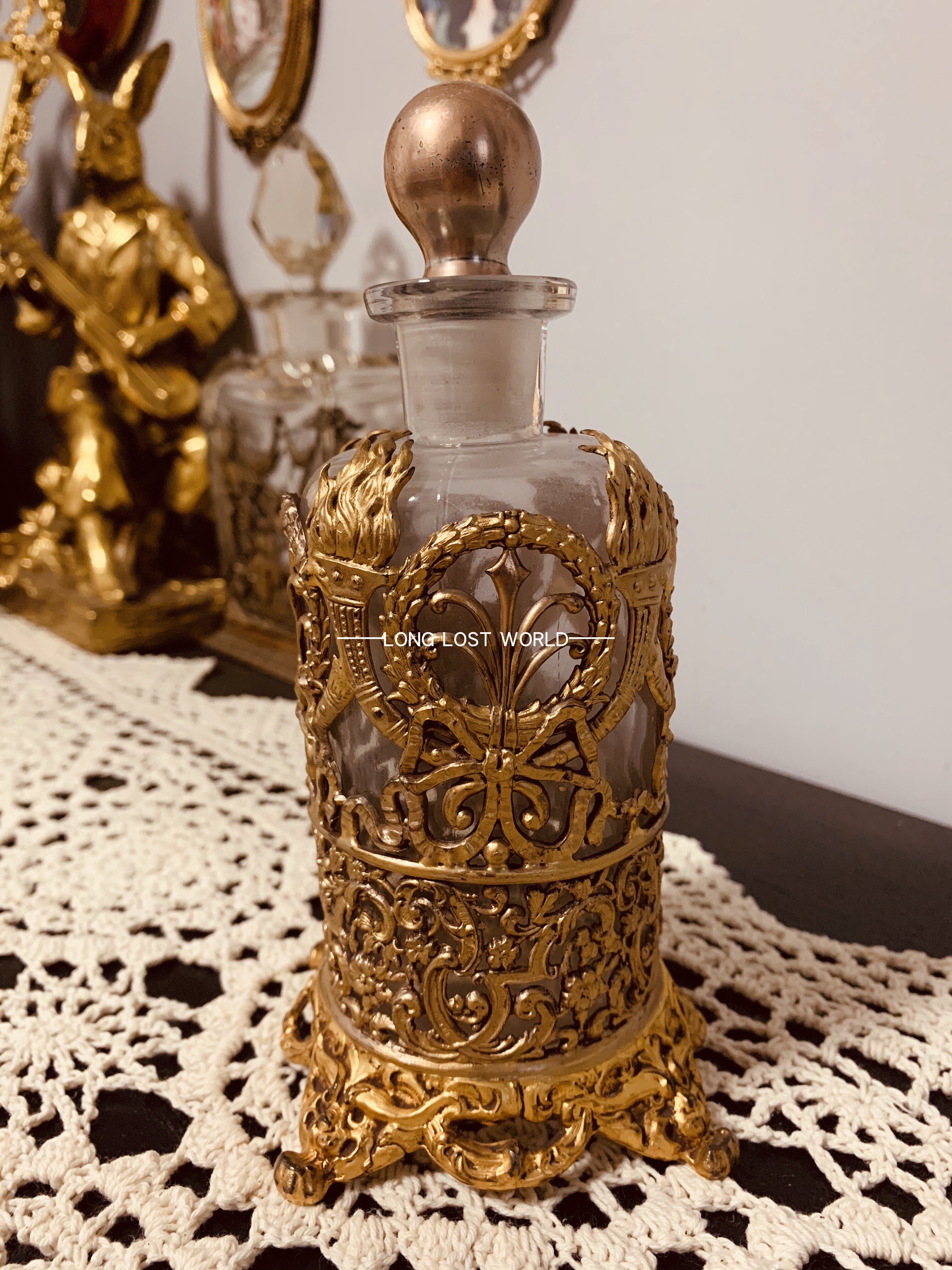 进口vintage鎏金镂空香水瓶apollo西洋古董老货摆件