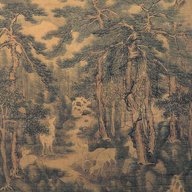 戴进山水国画真迹长松五鹿古代字书书画动物国画