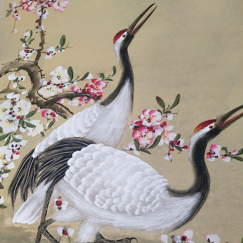 国画松鹤挂画客厅中堂贺寿图老人手工工笔画仙鹤国画