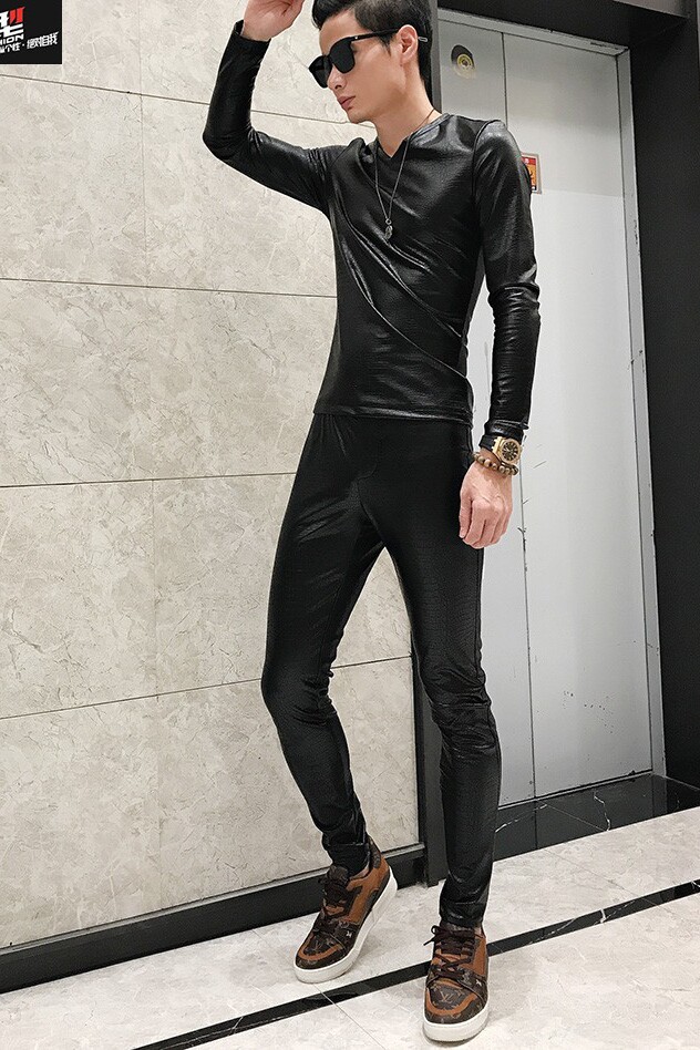 男士皮衣皮裤两件套装鳄鱼恤打底裤防风韩版其他套装