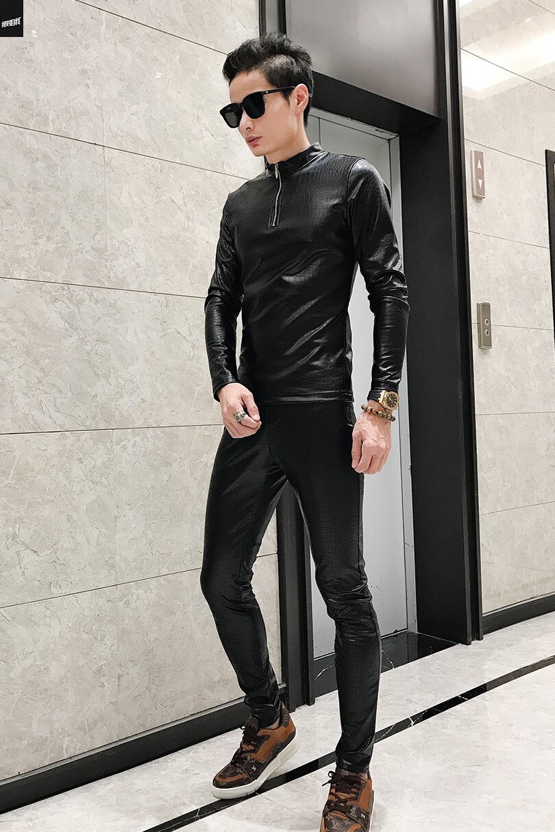 男士皮衣皮裤两件套装鳄鱼恤打底裤防风韩版其他套装