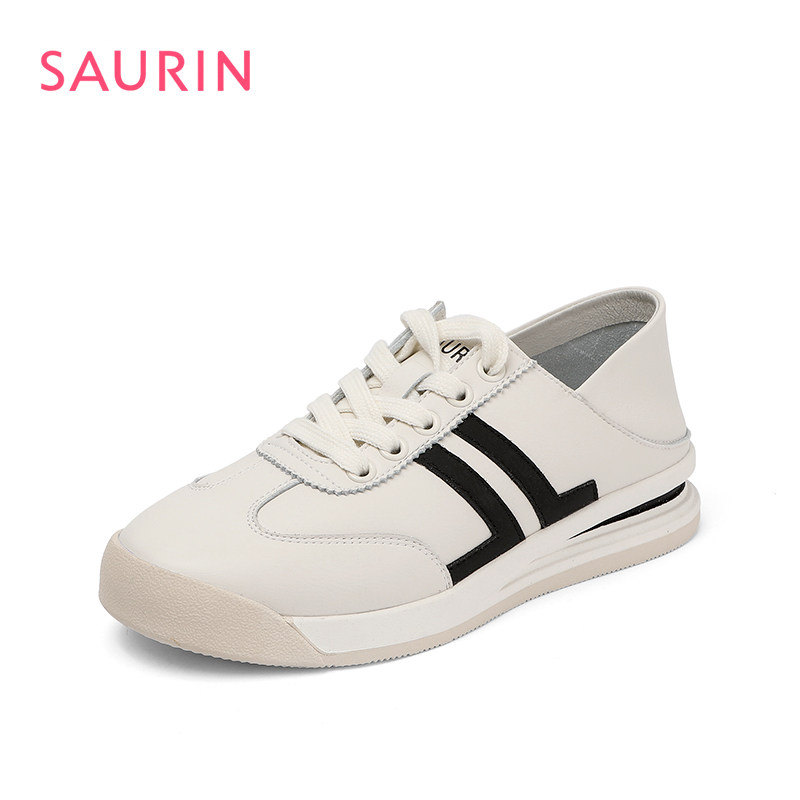 索兰女鞋2020秋款简约醒目黑色线条系带可踩时尚休闲鞋