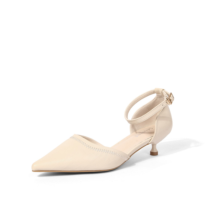 索兰女鞋2020简约优雅通勤一字搭扣酒杯跟单单鞋