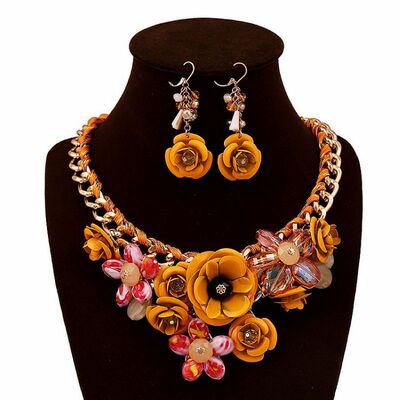 锁骨链夸张饰品欧美毛衣大牌合金水晶花朵耳环套装装饰项链