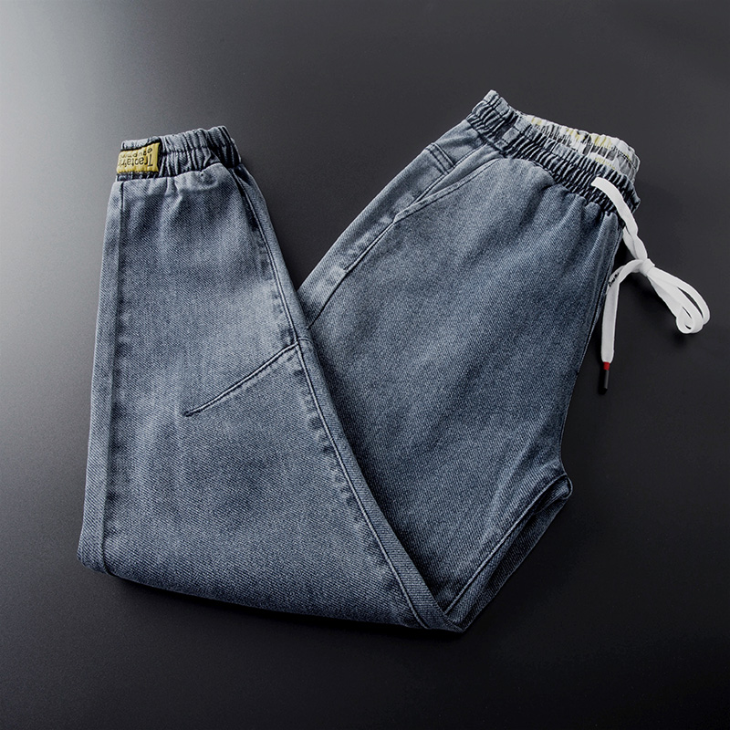 秋冬季哈伦裤男宽松束脚加绒加厚牛仔裤潮加肥加大码胖子小脚裤子
