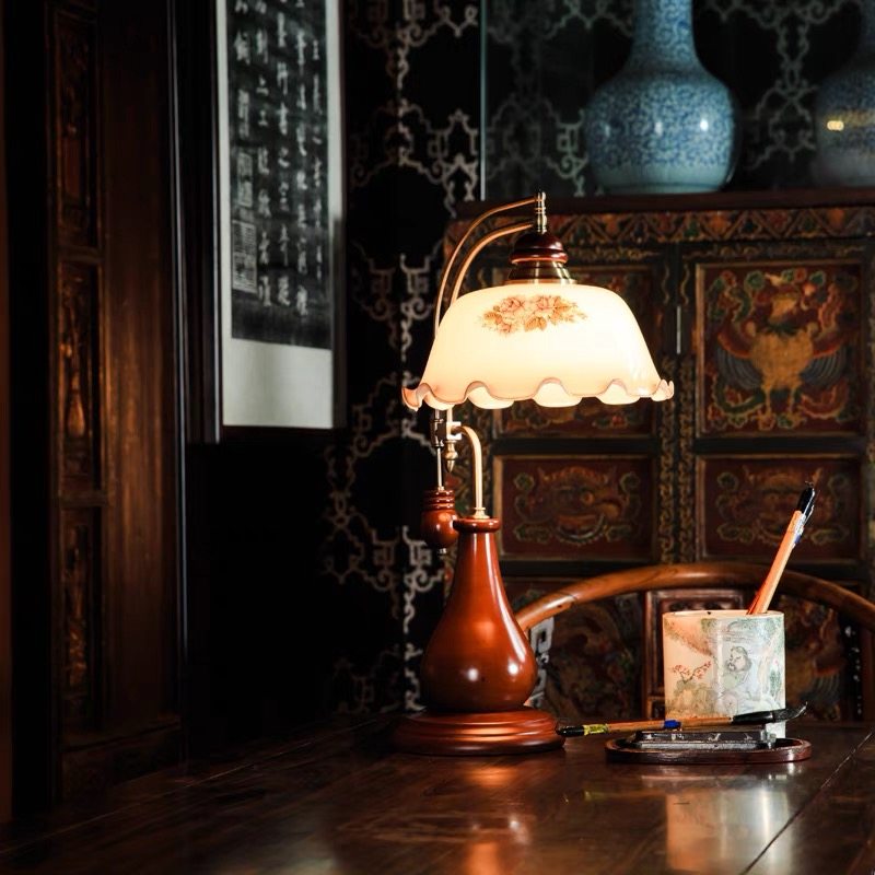 纯铜中式复古实木台灯书房桌工作阅读民国老上海客厅卧室床头灯具