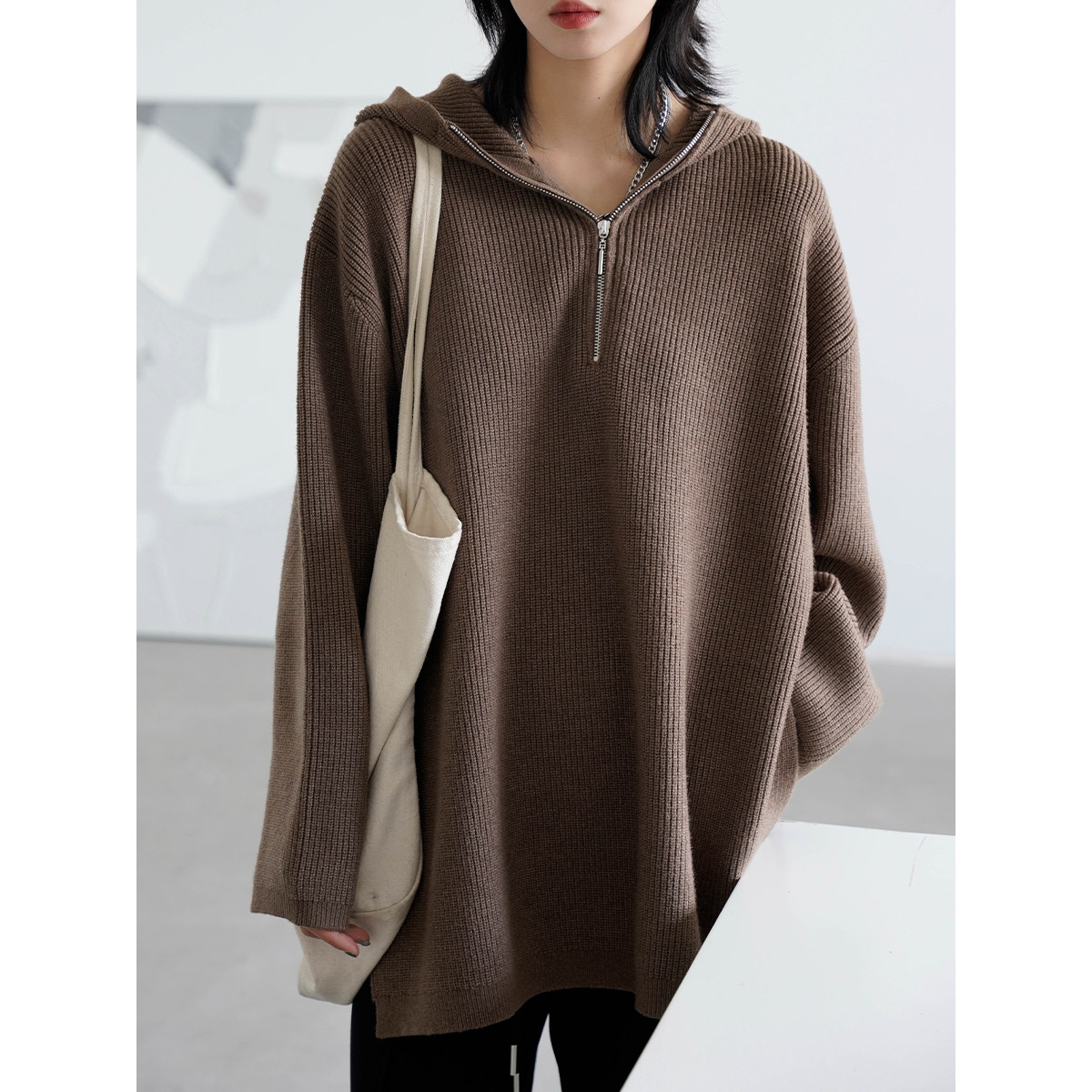 chicven2022新款复古宽松连帽半开拉链套头侧开保暖毛衣