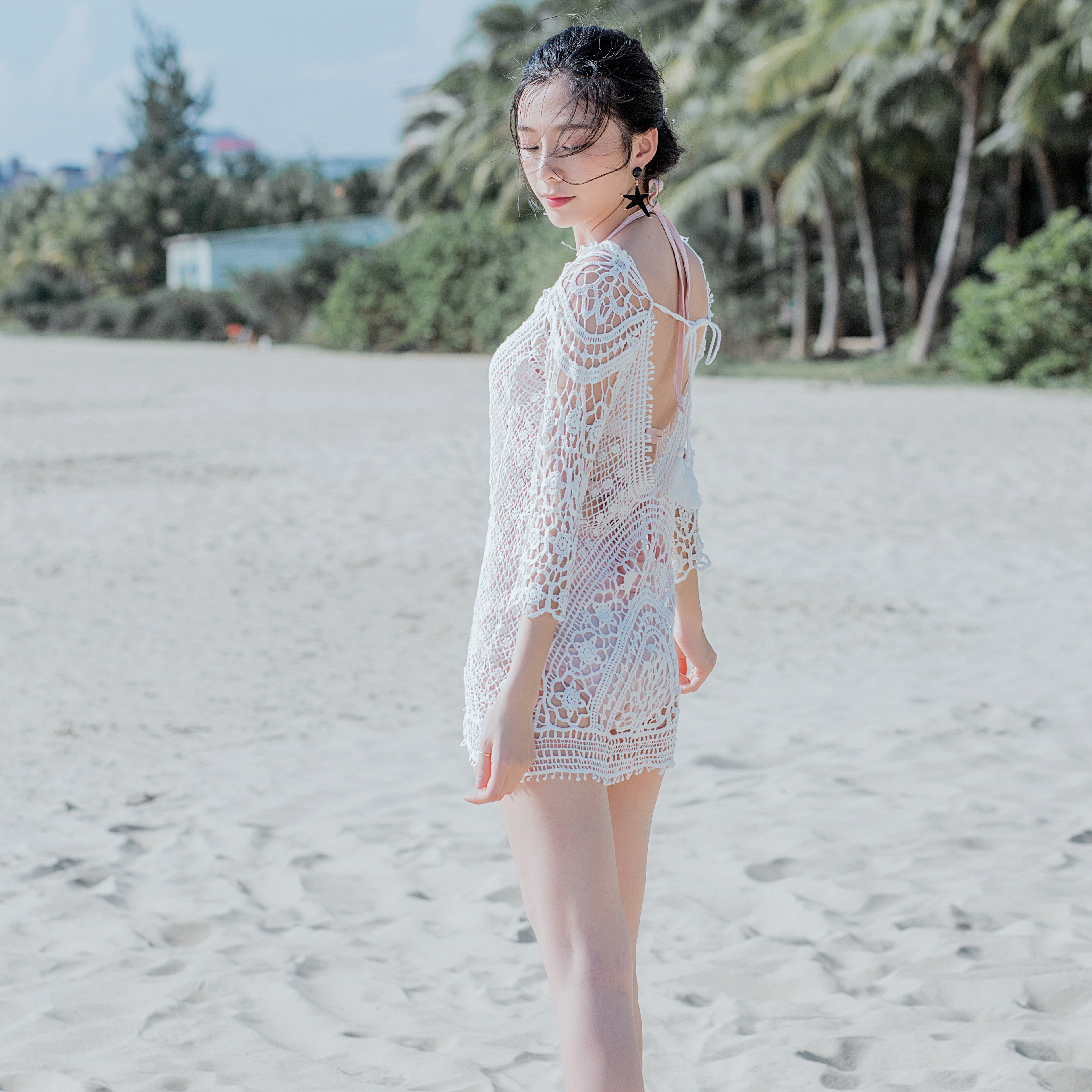 沙滩海边度假比基尼罩衫镂空泳衣外套开衫露背蕾丝衫