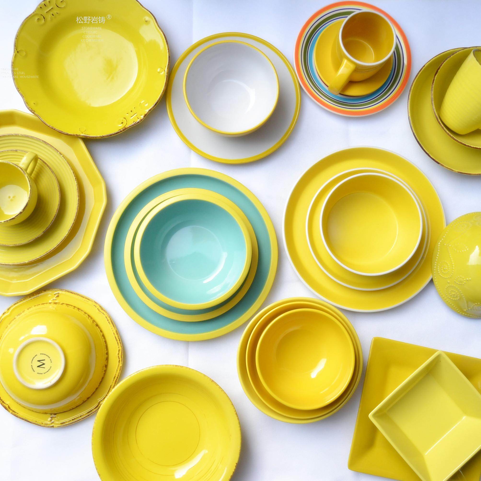 黄色系盘子酒店饭店牛排点心西餐彩色色釉餐具盘