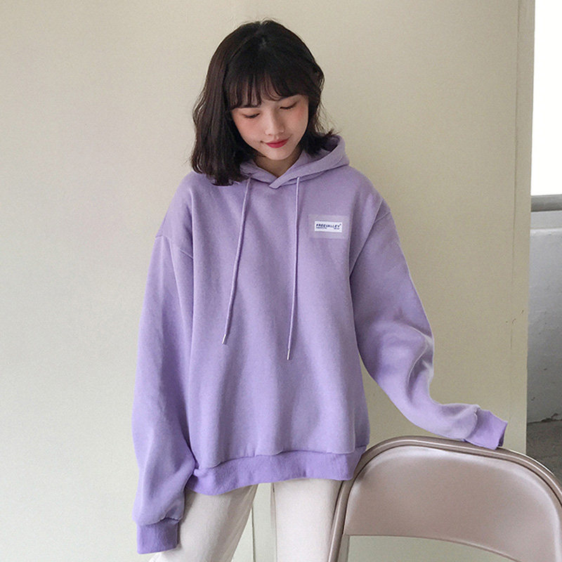 日系甜美淡紫色卫衣女秋冬chic加绒加厚香芋长袖卫衣