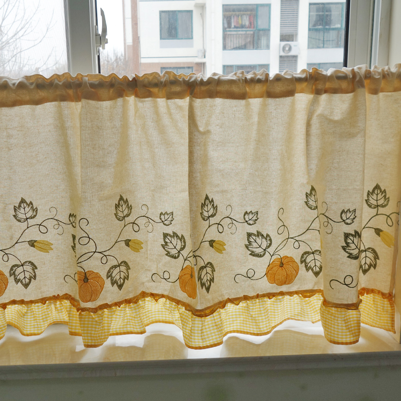 南瓜刺绣布艺半截飘窗小窗窗户厨房窗帘半帘定制窗帘