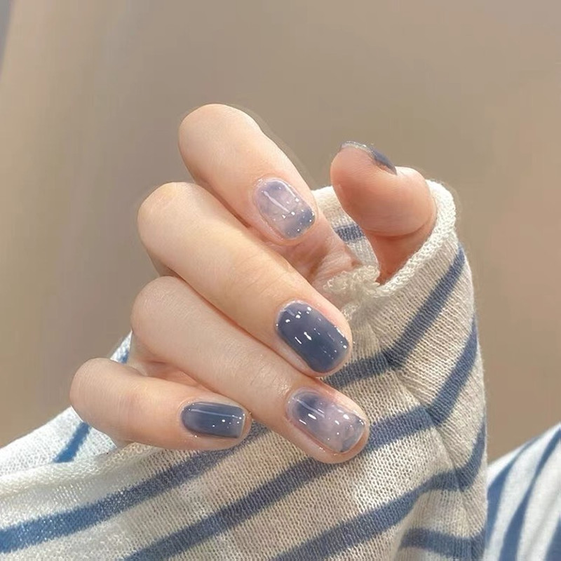 网红款雾霾蓝晕染冰透美甲成品贴片2021夏天美甲工具