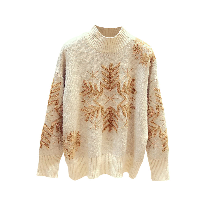 2021秋冬新款韩版时尚雪花图案半高圆领长袖毛衣
