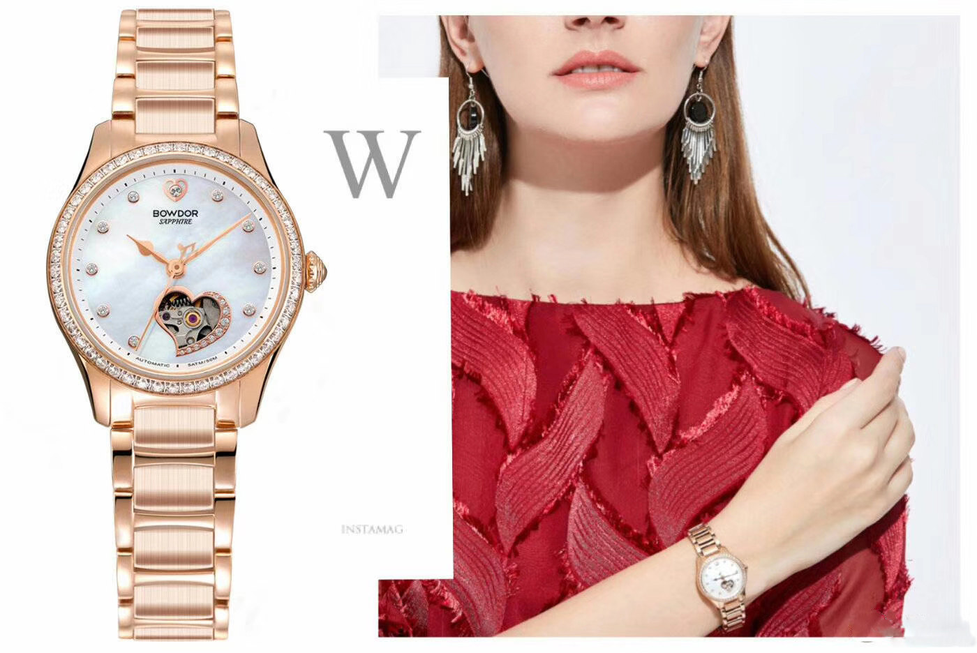 专柜bowdor宝舵女士机械表时尚爱心贝母镶钻品牌国产腕表