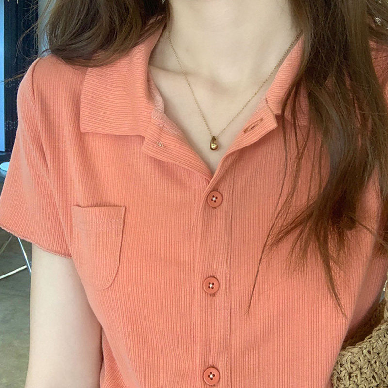 奶橘色短袖恤女日学生小个子翻领脏橘色上衣修身显瘦t恤