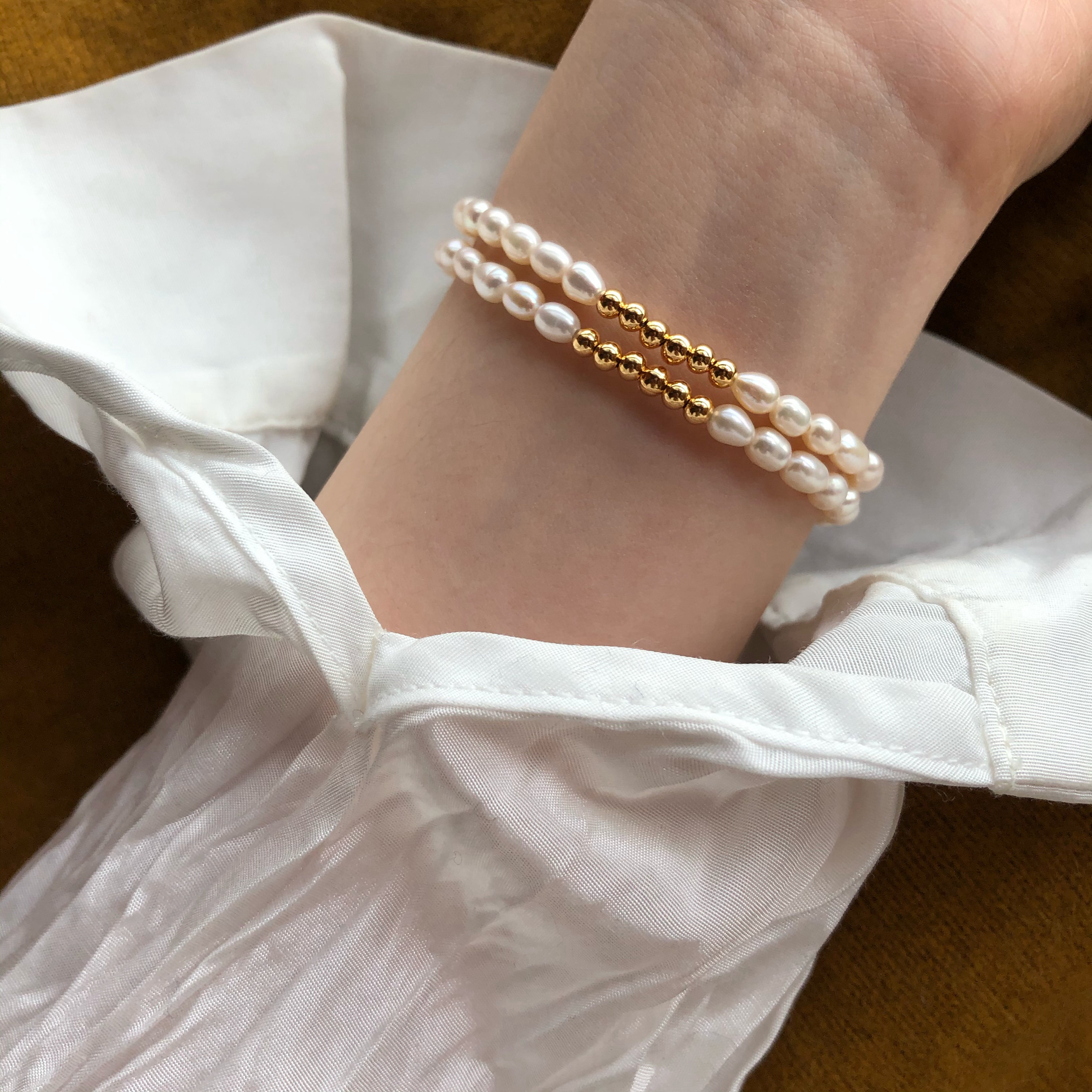 鹿尔饰物法式简约mini小金金珠天然淡水珍珠手链