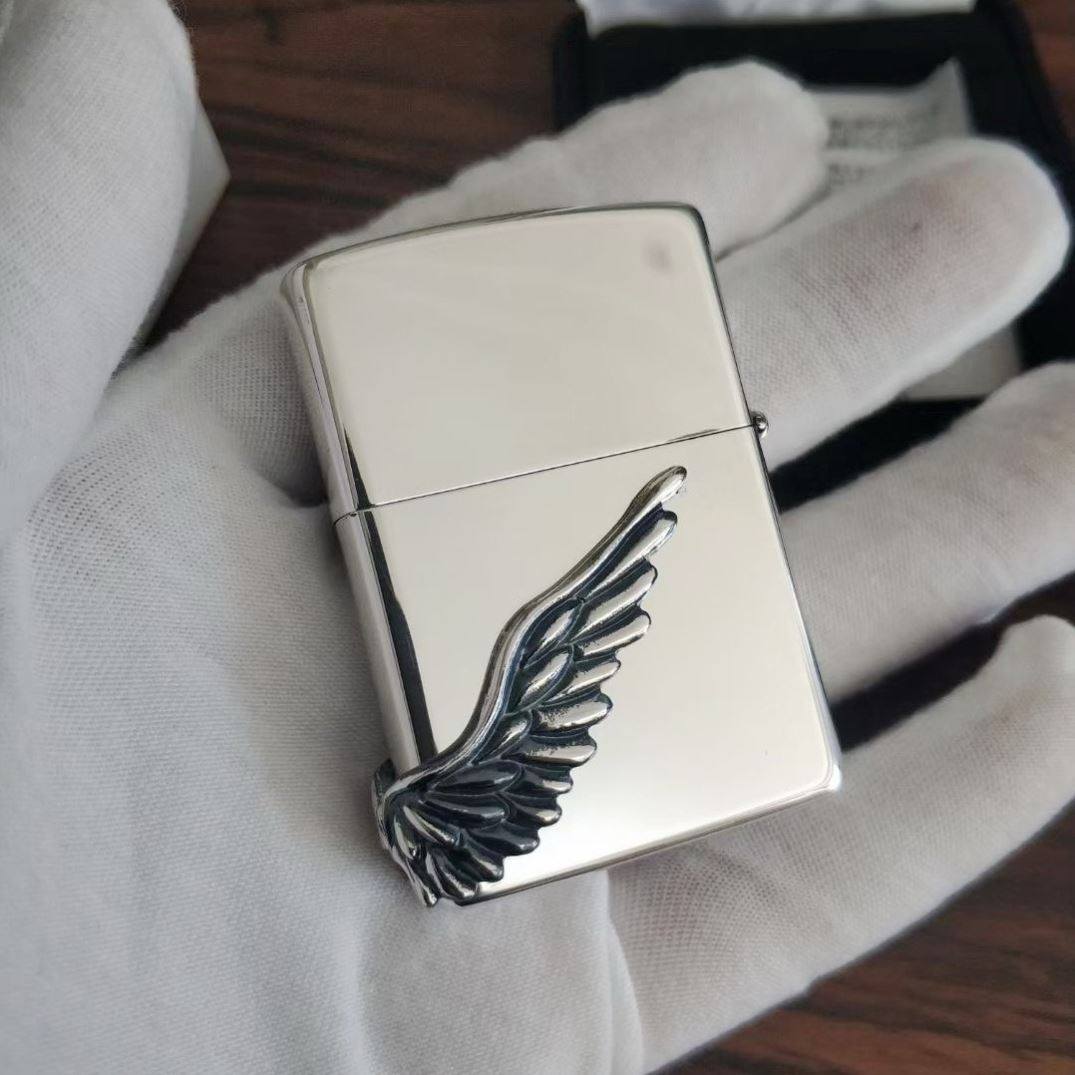 芝宝打火机zippo原装日版纪念版镀银银贝壳镶嵌天使之翼zippo