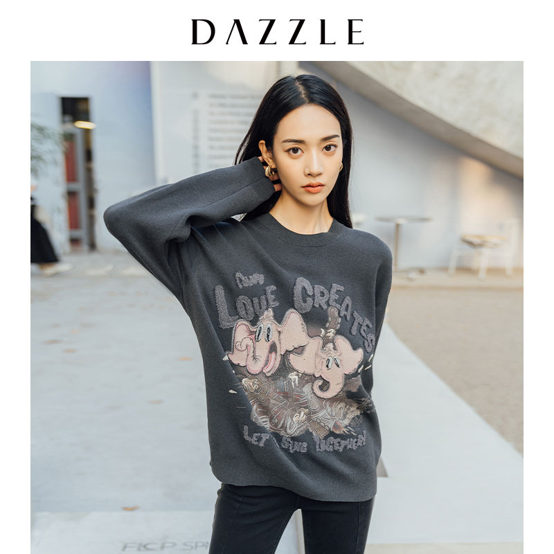 DAZZLE地素 2021冬装新款趣味动物毛巾绣针织衫毛衣女2D4E4951E