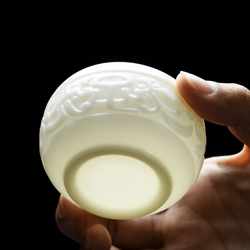 德化新款玉瓷主人杯礼盒装素烧羊脂玉浮雕龙茶杯