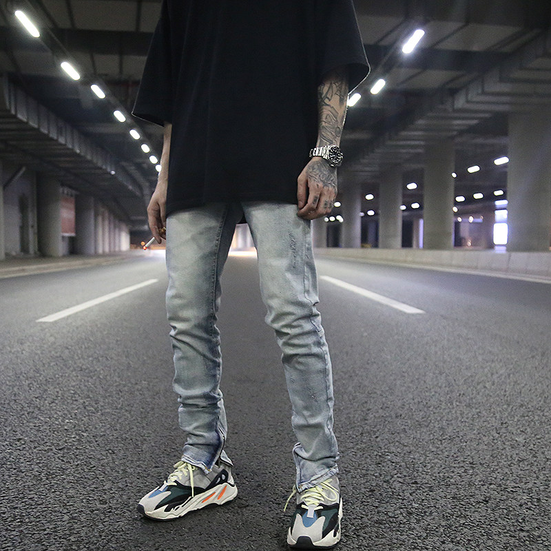 侃爷高街风洗水做旧泛白弹力修身小脚牛仔裤基础牛仔裤
