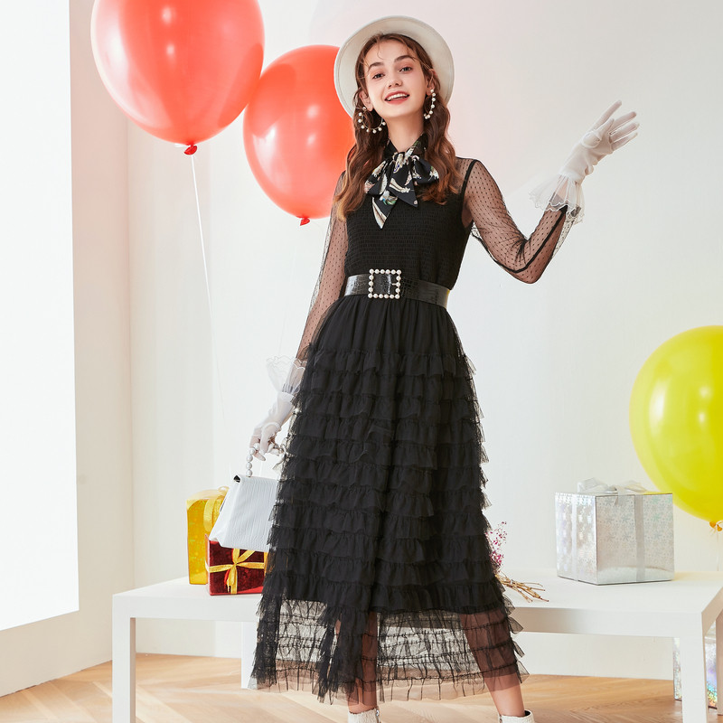 佳人苑2019秋冬黑色蕾丝长袖连衣裙女洋气拼接网纱蛋糕裙木耳边