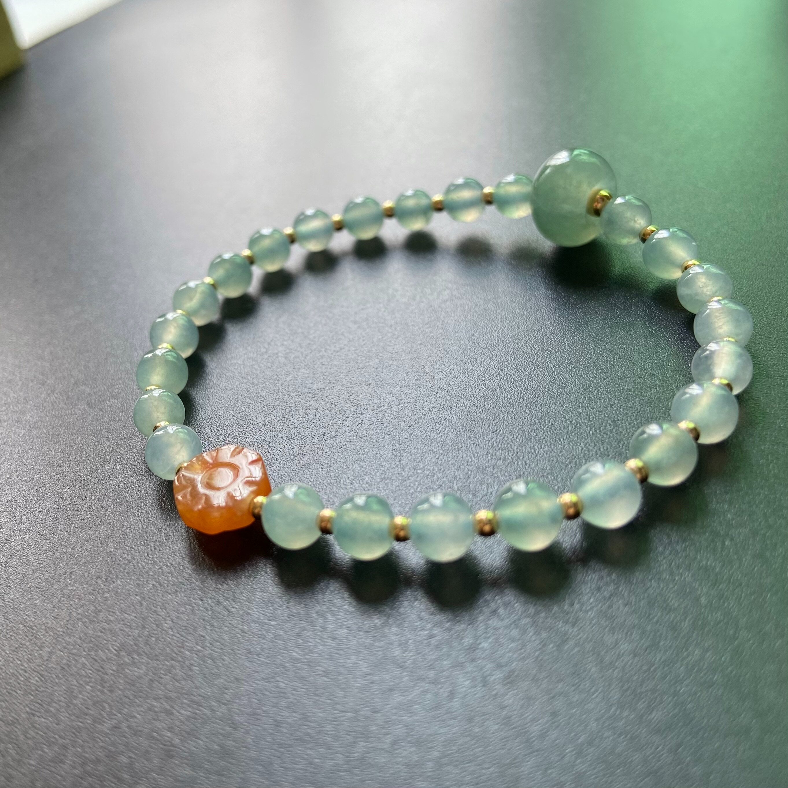 倚南天然翡翠货高冰种晴水苹果圆珠手串18k金珠手链