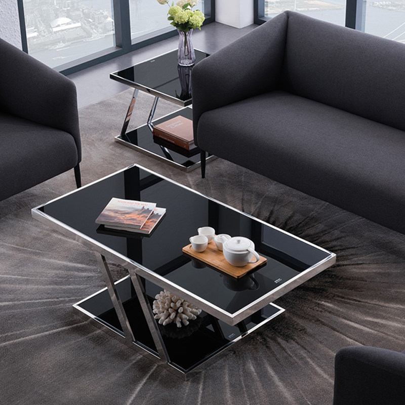 茶几简约现代黑色钢化玻璃12米双层办公室接待店铺茶几