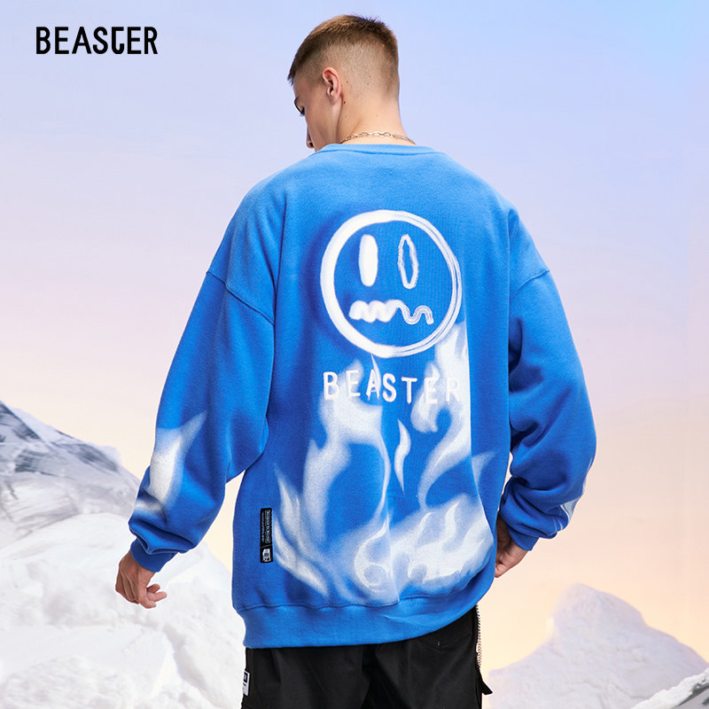 beaster小恶魔鬼脸无帽套头火焰字母印花花时尚绒毛卫衣
