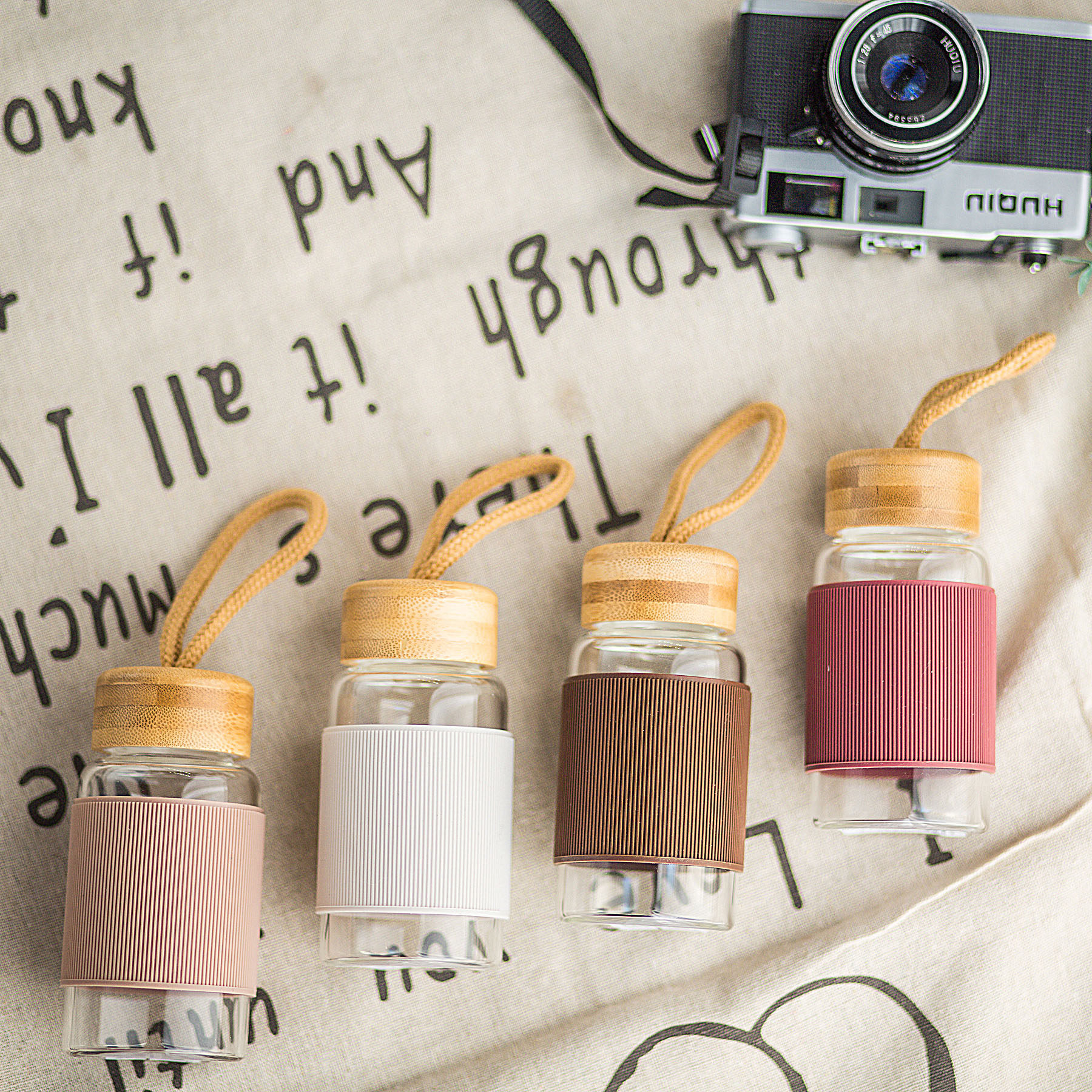 硅胶杯套透明玻璃杯子带盖便携随手杯文艺小清新韩国小巧迷你水杯