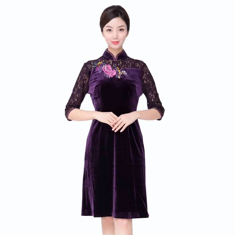 陶玉梅丝绒旗袍中长款 显瘦妈妈装礼服旗袍 刺绣中式修身j11q111