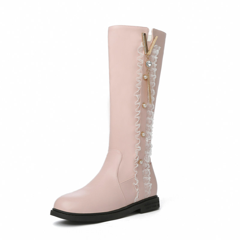 女童高筒靴子2022秋冬季儿童公主长靴小女孩粉色皮靴