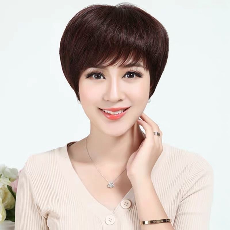 老年人假发短发黑色奶奶真发头套透气逼真白发日常整顶假发