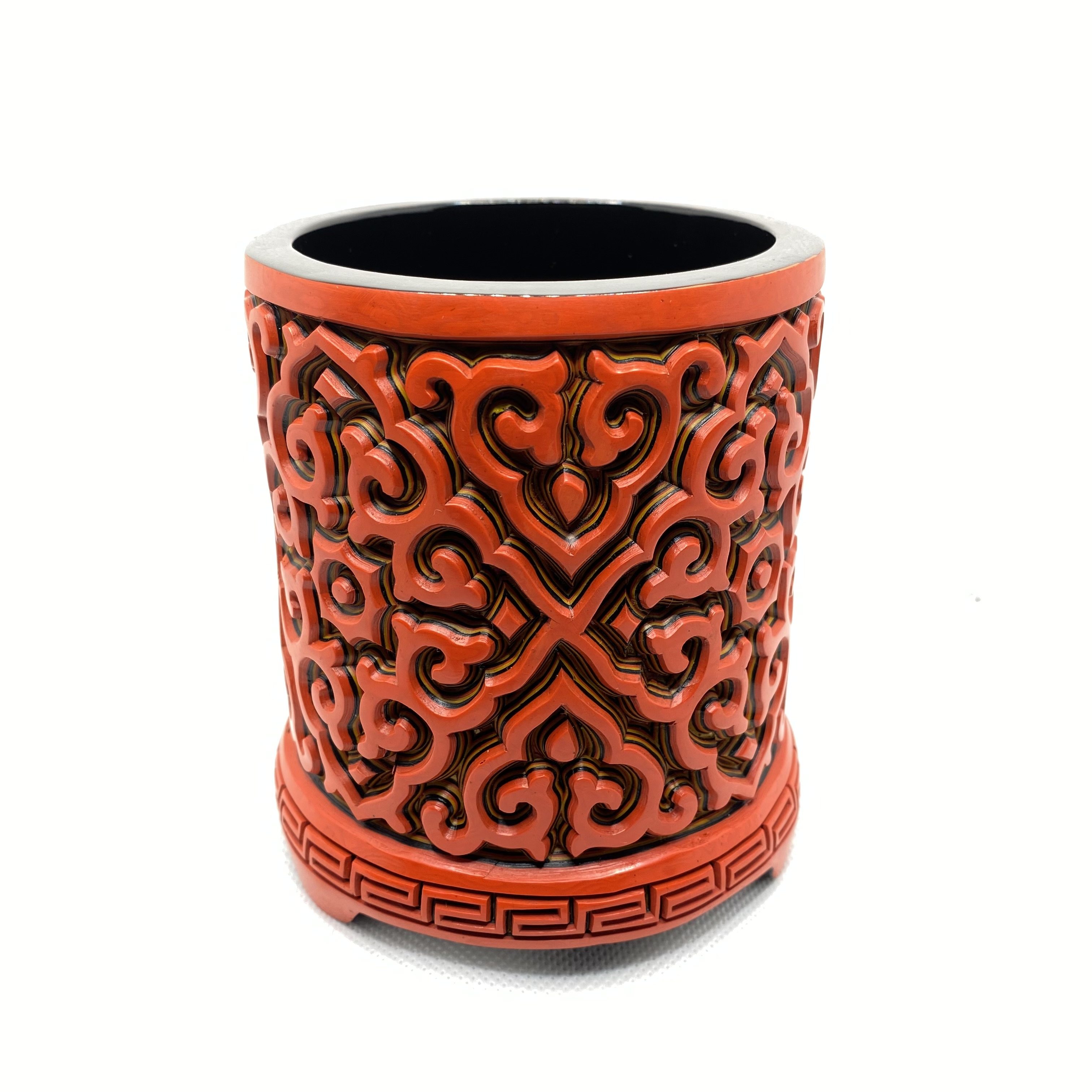 雕漆剔红漆器纯手工大漆木6寸剔犀剔黑笔筒漆器