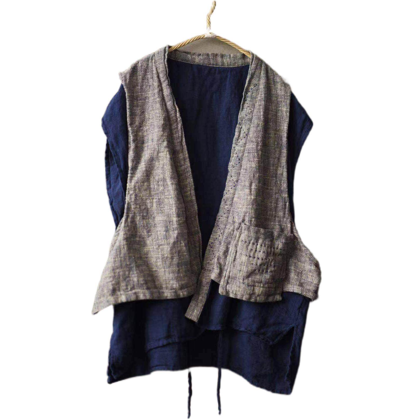 亚麻春秋薄款双层外短内系带两件拼接马甲复古马夹