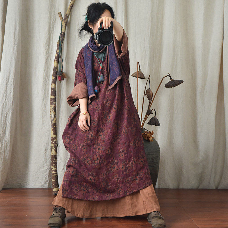 春秋宽松慵懒亚麻长袍香云印花工艺复古长裙连衣裙