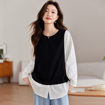 2024 Spring New Style Spliced ​​​​Fake two-piece Sweater Round Neck Long Sleeve Casual Shirt Top Women Thin Top Women