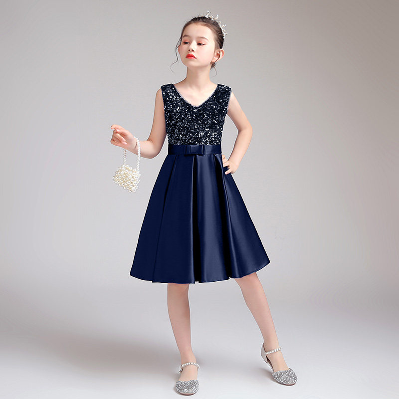儿童钢琴礼服女藏青色亮片小学生合唱团演出服公主儿童礼服