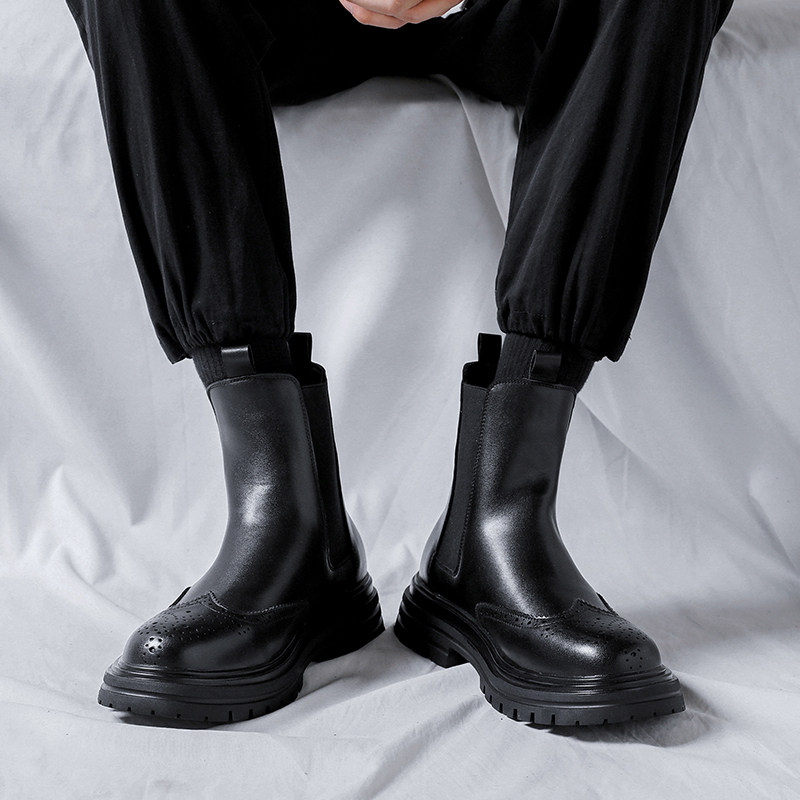 切尔西男款布洛克短靴英伦风厚底靴子高帮烟筒黑色切尔西靴