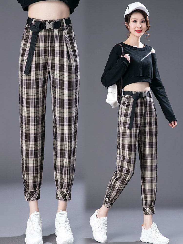 休闲格子裤女夏季薄款雪纺哈伦小个子高腰宽松休闲裤