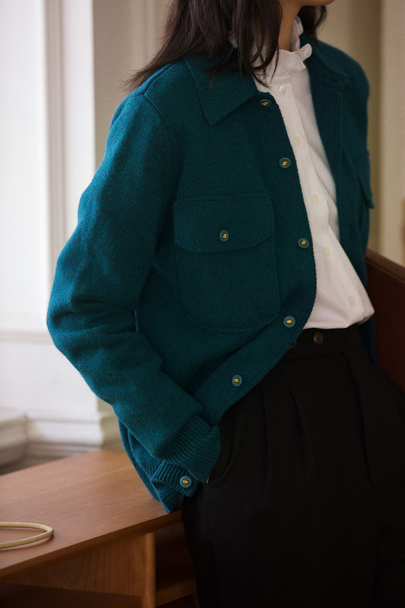 {sees turtledove}初春款衬衫式纯羊毛翻领毛衣开衫外套雀蓝_灰驼