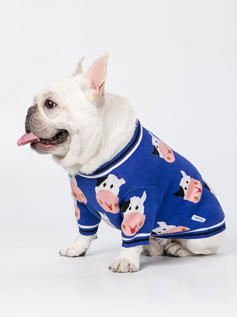 八喜小法斗狗狗毛衣冬季套头厚宝蓝色卡通奶牛宠物服装