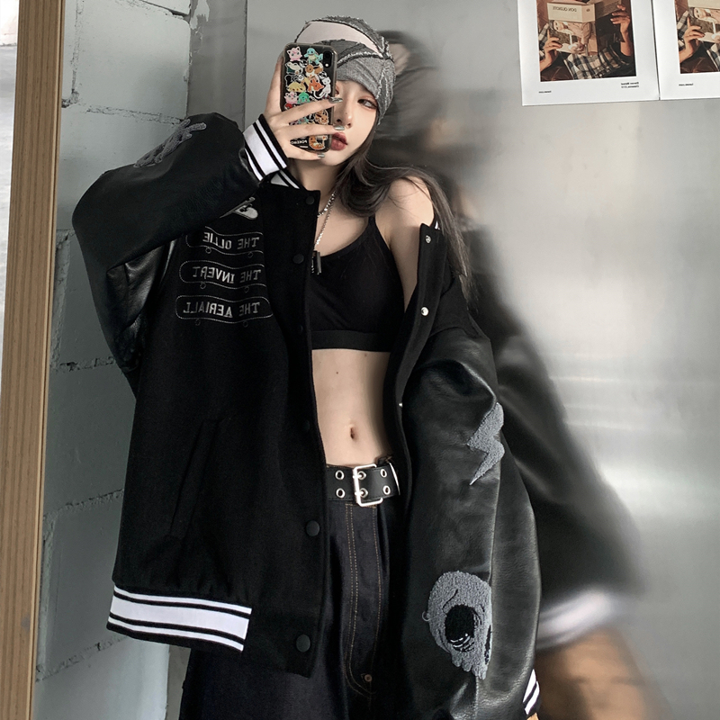 小二潮社SPEAR YOUTH滑板棒球服夹克男女宽松毛呢拼接PU皮外套潮