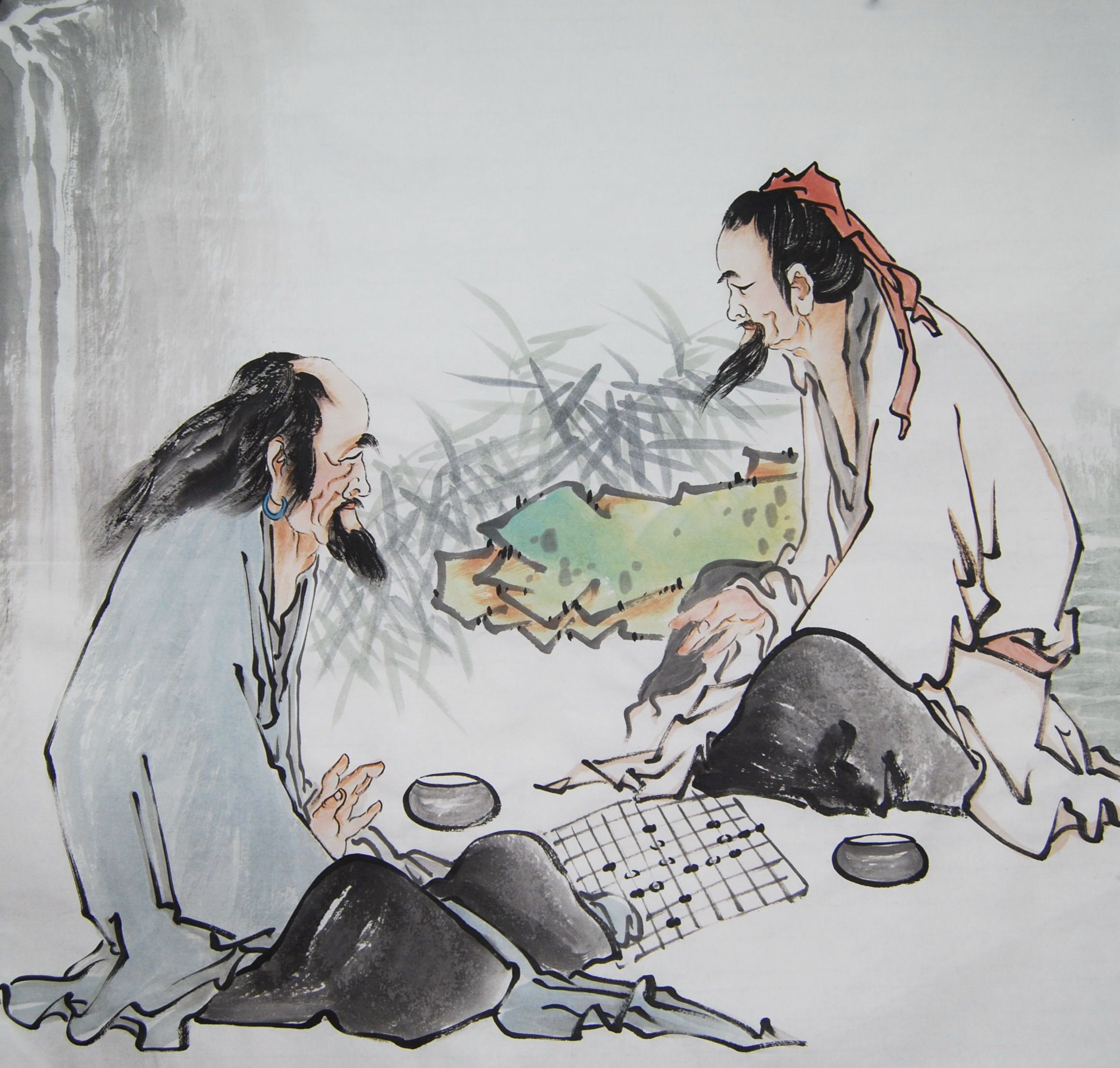 手绘三尺斗方国画人物对弈品茶茶室书房水墨国画