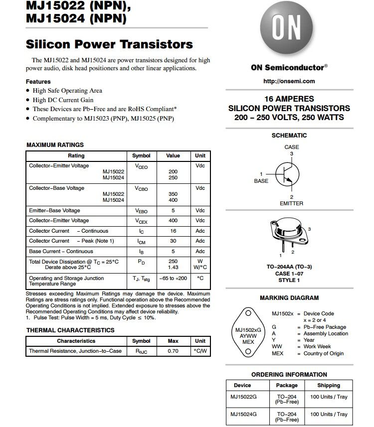on金封管王安森美 mj15024 mj15025 原装行货可 精密配对