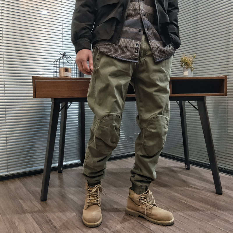 石头家 纯色膝盖补丁 拼接新款 工装长裤束口 街头男缩口裤子 潮